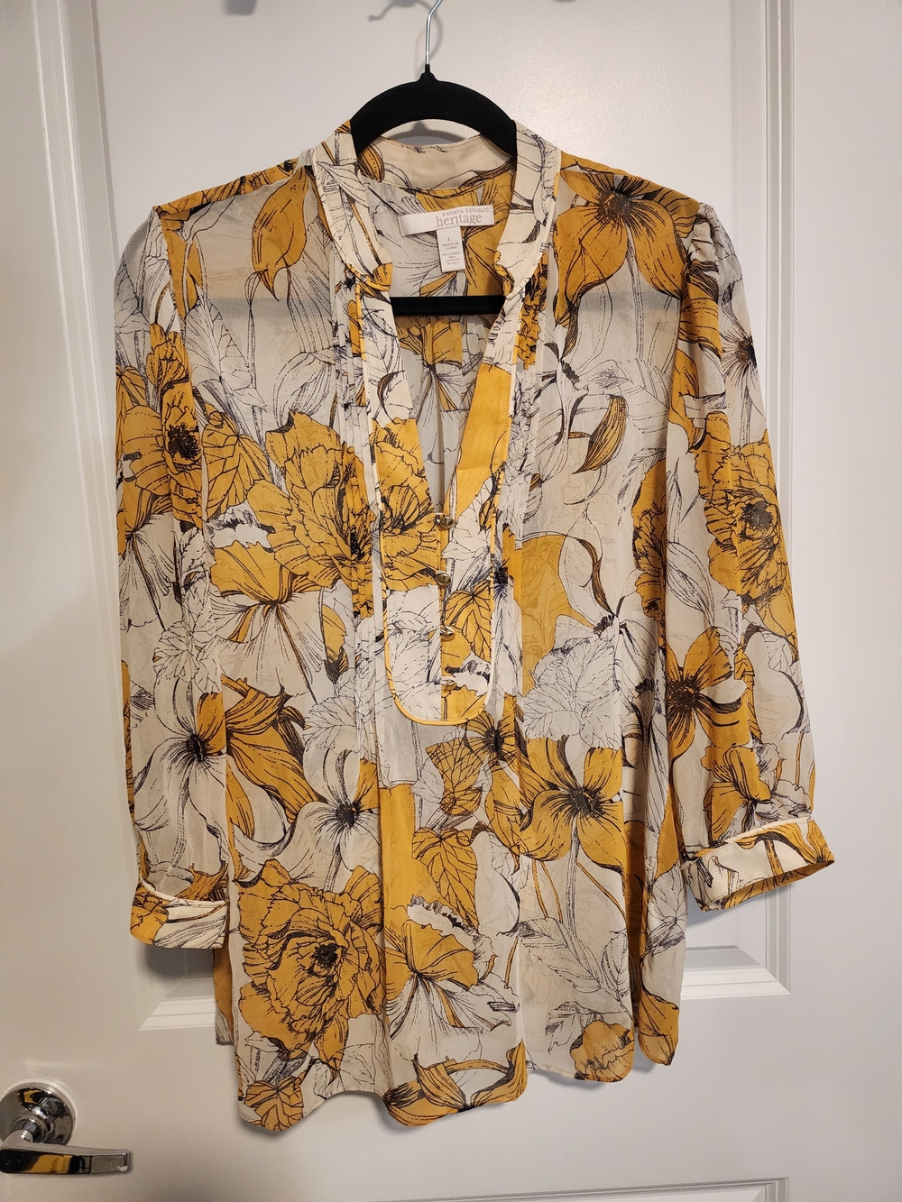 Banana Republic Yellow Floral Tie-Neck Tunic